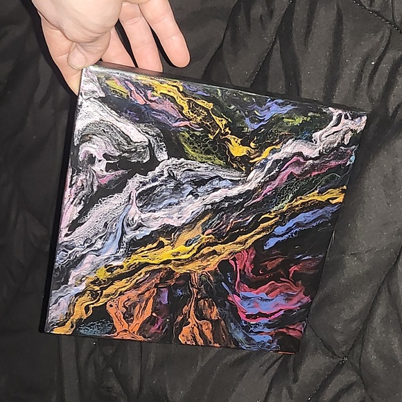 Original Abstract Pour Painting On Wood Glossy Resin Finish Dark Metallic 8"×8" - Picture 8 of 9